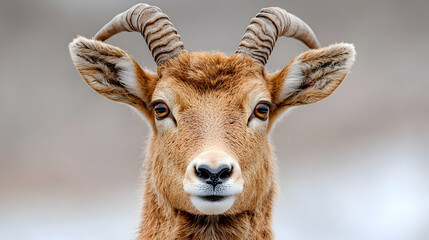 Wild mountain goat portrait, winter landscape