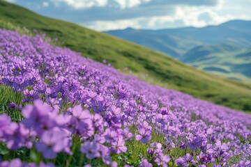 Fototapeta premium Vibrant purple flowers blanket rolling hills under a clear blue sky near a mountain range