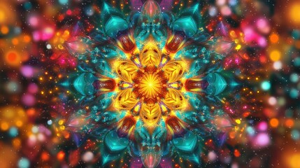 Vibrant fractal mandala with colorful geometric patterns and bokeh lights.