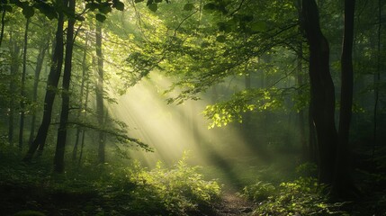 Obraz premium A forest with sunlight shining through the trees