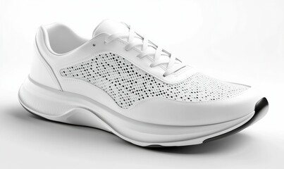 A polished white sneaker with understated perforations and smooth leather, shown on a crisp, minimal studio white background.