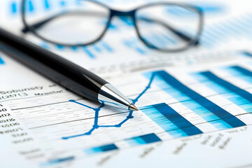 Close-up of a pen and glasses on a financial report with blue graphs and charts in the background