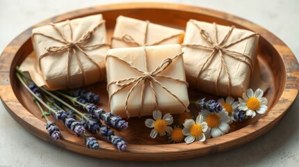 Handmade Soap Collection: Artisan soaps wrapped and presented with natural floral accents, beauty and craft.
