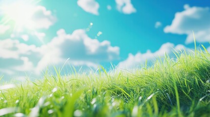 Fototapeta premium Beautiful sunny spring meadow with green grass and blue sky. Abstract background with light bokeh and space for text.