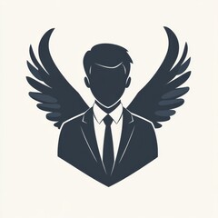 Dark blue silhouette of winged man in suit and tie against light background