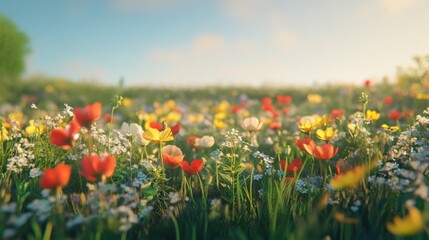 Illustration of a flower meadow in spring. Generative AI.