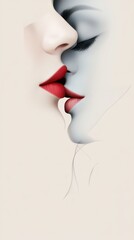 Obraz premium Two abstract silhouettes are captured in a gentle kiss, featuring one with bold red lips and the other with black