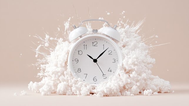 White alarm clock buried in explosive foam on beige background