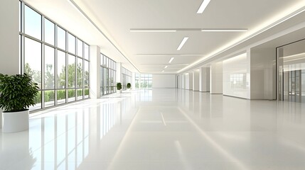 Bright Modern Office Hallway Interior with White Walls and Large Windows