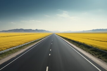 Fototapeta premium arafed highway with yellow fields and mountains in the distance