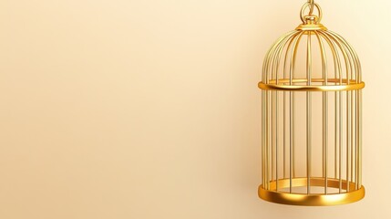 Elegant golden birdcage on minimalist beige background