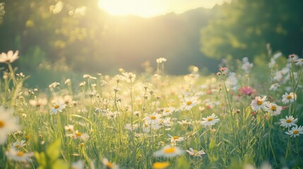 Obraz premium A field of white flowers with a bright sun shining on them