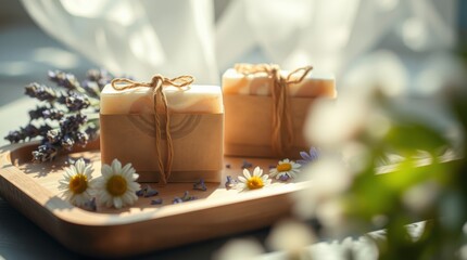 Artisan soaps with lavender and daisies on a wooden tray bathed in soft, natural light.