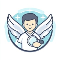 Smiling cartoon man with white angel wings holding magnifying glass with positive plus symbols
