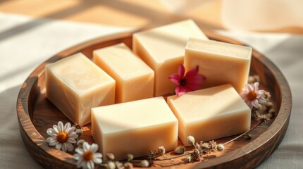 Artisanal soap bars arranged on wooden tray with delicate floral accents. Natural light setting the mood.