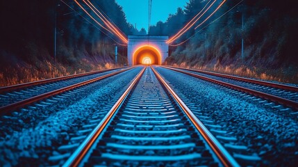 Fototapeta premium Dramatic train tracks vanish into glowing tunnel night light creates vibrant blue orange contrast. AI Generated