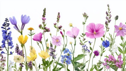 Dainty wildflowers border isolated on transparent background. PNG file, cut out