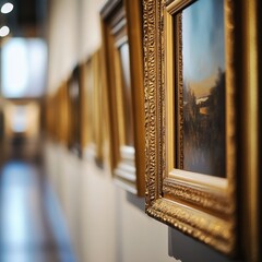 Row of ornate gold framed paintings hanging on a white wall in an art gallery