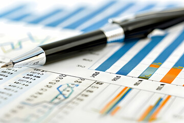 Close-up of a sleek black pen resting on financial charts and graphs, showcasing data analysis