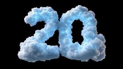 Fototapeta premium Cloudy electric number 20 with thunderous glow on black background