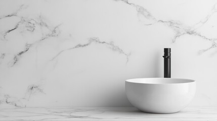Modern minimalist bathroom: white marble sink and black faucet design on elegant surface