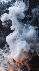 Ethereal white smoke cloud billowing against a dark dramatic background with hints of orange glow
