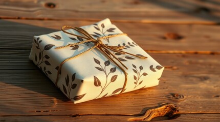Gift wrapped with floral paper and twine on wooden table, awaiting special occasion and surprise inside