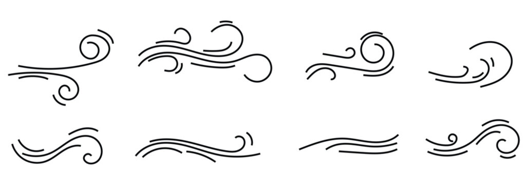 Doodle wind line sketch set. Hand drawn doodle wind motion, air blow, swirl elements. Sketch drawn air blow motion, smoke flow art. wind icon eps 888
