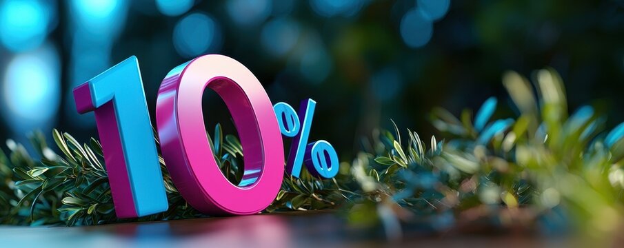 A vibrant display of "10%" in pink and blue, surrounded by greenery, suggesting a promotional offer or discount in a visually appealing setting.