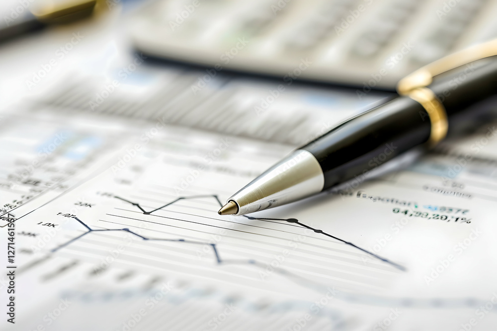 Poster close-up of a pen resting on financial documents with graphs and a calculator in the background
