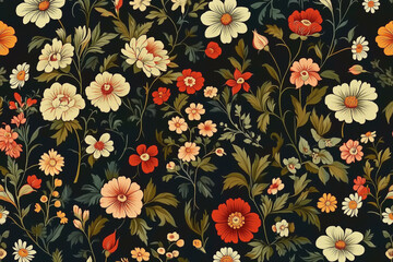 Vintage Floral Seamless Pattern - Dark Blue Background Decor, AI