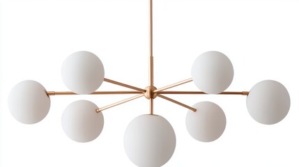 Modern minimalist gold chandelier with spherical white lamps on clean background