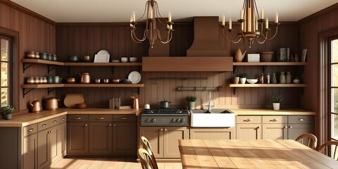 Fototapeta premium Modern brown mocha mousse 2025 color kitchen interior decor design showcasing, featuring stainless steel appliances, 3D rendering,