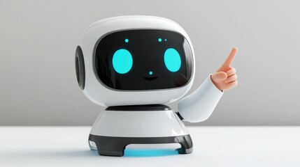 Cute white robot pointing upwards, friendly AI assistant.