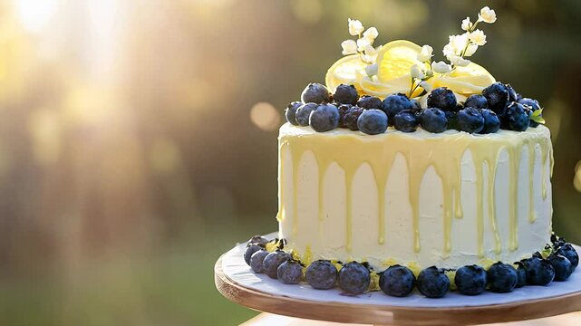 Lemon cake with berries on a wooden stand, slices, sunny background