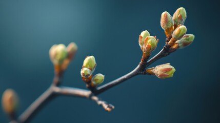 Fototapeta premium A branch with green buds is shown in a blue sky