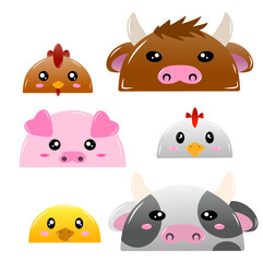 Set of farm animals vector design. cute farm animal character vector, cartoon chiken, cow, pig and duck face, drawing chiken, cow, pig and duck  face easy and simple farm animal vector design