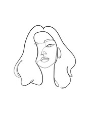 A portrait of a woman is drawn in a one line style. Body expression. Printable art.	