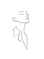 A portrait of a woman is drawn in a one line style. Body and facial expression. Printable art.	