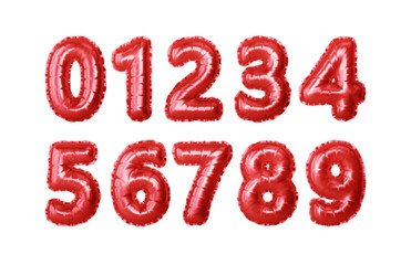 Set of Red Metallic Number Balloons Displayed Sequentially from Zero to Nine on White Background