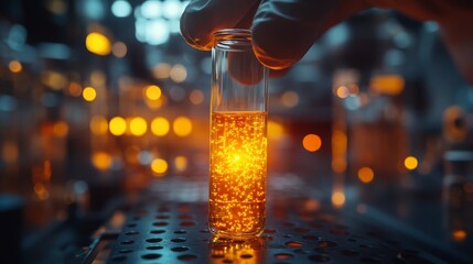 Gloved hand holding a test tube with glowing liquid in a lab.