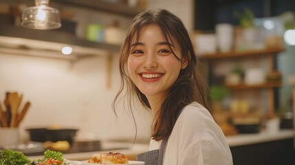 Joyful Asian Woman Cooking in Modern Kitchen with Fresh Ingredients for Healthy Living