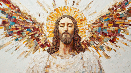A magnificent mosaic-inspired artwork of Jesus Christ with radiant golden wings, symbolizing divinity and holiness

