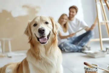 Fototapeta na wymiar Cute Dog Helps Paint Home