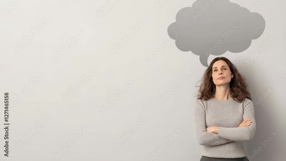 Poster woman crossing arms standing thoughtfully, empty speech bubble hovering and shifting positions in sl