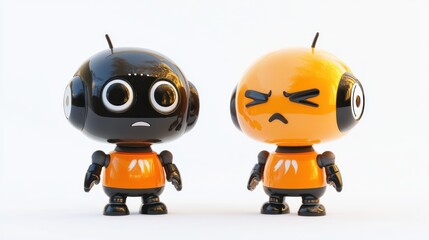 Two cute cartoon robots, one sad, one angry, standing on white background.