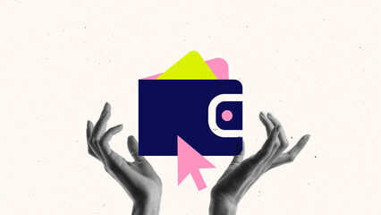 Hands holding digital wallet with financial assets inside. Fintech revolution, digital banking, contactless payments, financial security, e-wallet transaction. Financial technology, innovation concept