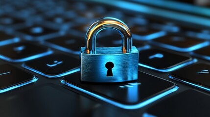 Cybersecurity Padlock Securely Resting on Glowing Keyboard. AI Generated