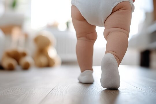 A heartwarming image of a baby taking its first steps on a wooden floor, symbolizing growth, exploration, and the innocence of early childhood moments.