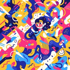 Woman amidst vibrant, abstract shapes and patterns